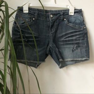 BONOBOS Womans Jeans Frayed Denim Shorts Crystal Encrusted Whiskering Sz 28